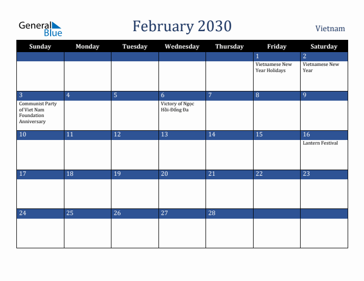 February 2030 Vietnam Calendar (Sunday Start)