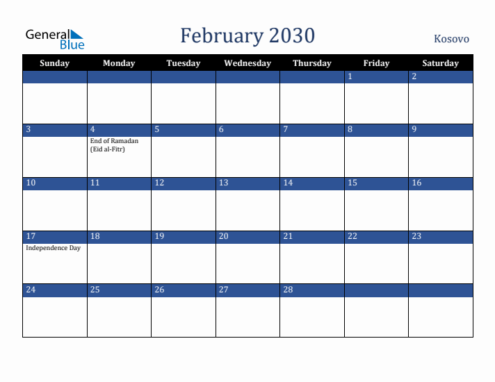 February 2030 Kosovo Calendar (Sunday Start)
