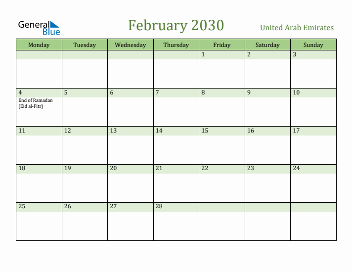 February 2030 Calendar with United Arab Emirates Holidays