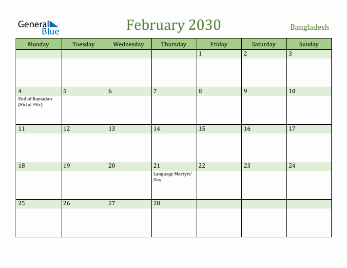 February 2030 Calendar with Bangladesh Holidays