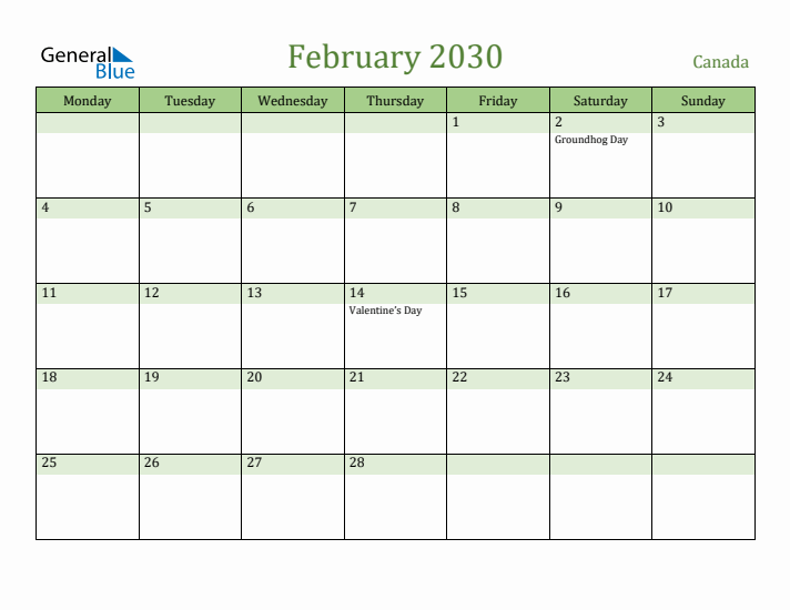 February 2030 Calendar with Canada Holidays