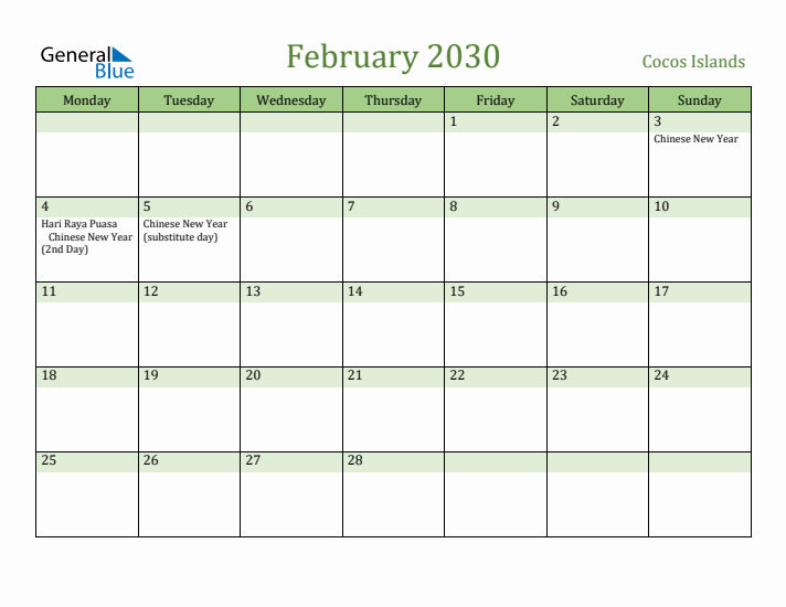 February 2030 Calendar with Cocos Islands Holidays