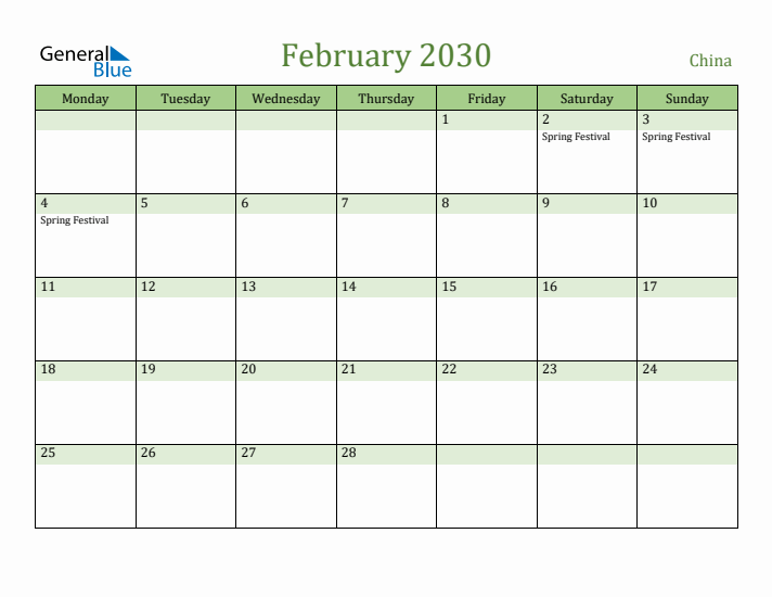 February 2030 Calendar with China Holidays