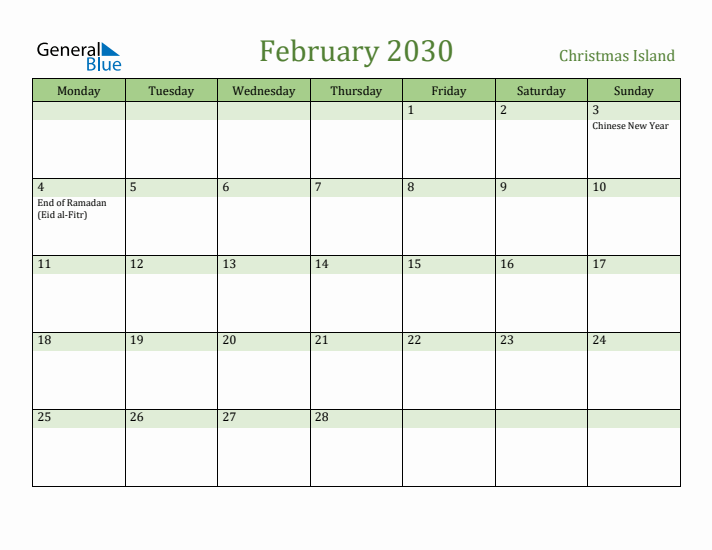February 2030 Calendar with Christmas Island Holidays