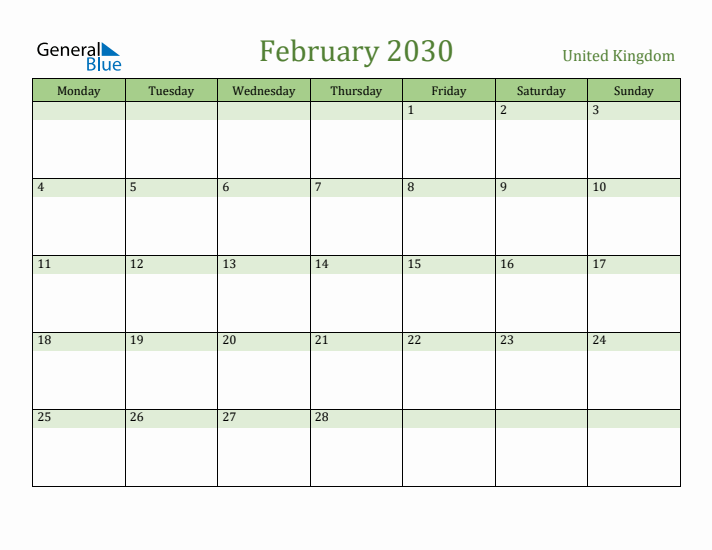 February 2030 Calendar with United Kingdom Holidays