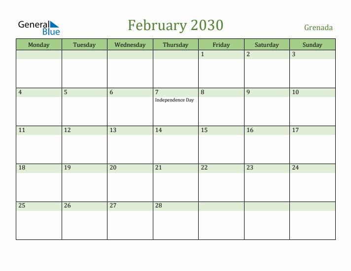February 2030 Calendar with Grenada Holidays