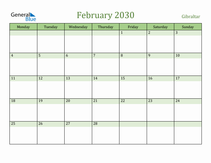 February 2030 Calendar with Gibraltar Holidays