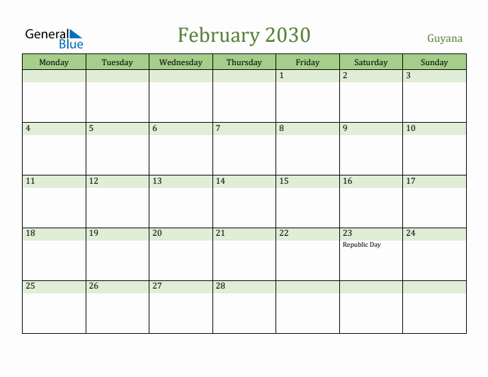February 2030 Calendar with Guyana Holidays
