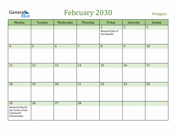 February 2030 Calendar with Hungary Holidays