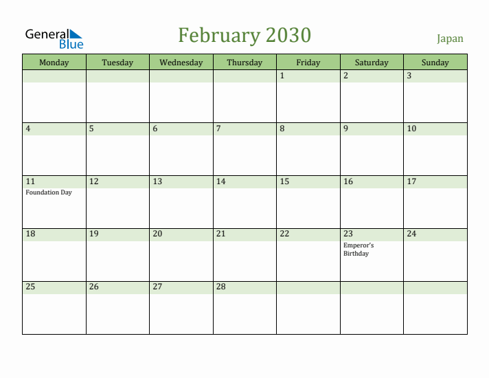 February 2030 Calendar with Japan Holidays