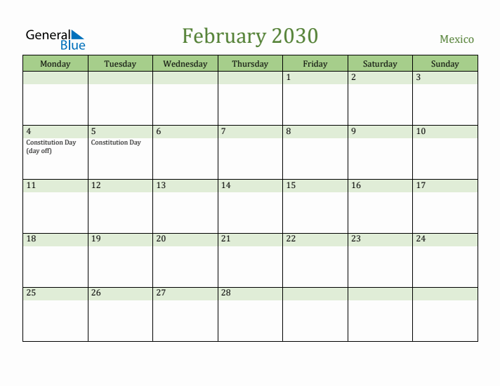 February 2030 Calendar with Mexico Holidays