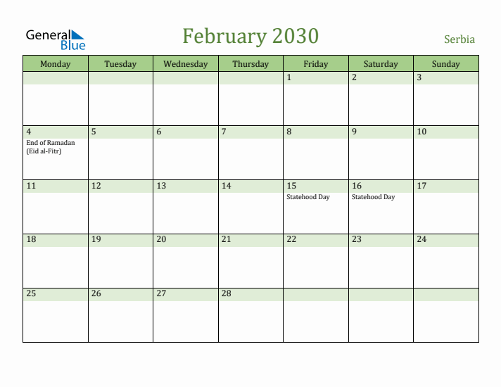 February 2030 Calendar with Serbia Holidays