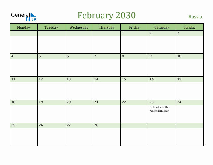 February 2030 Calendar with Russia Holidays