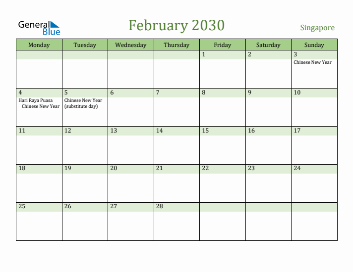 February 2030 Calendar with Singapore Holidays