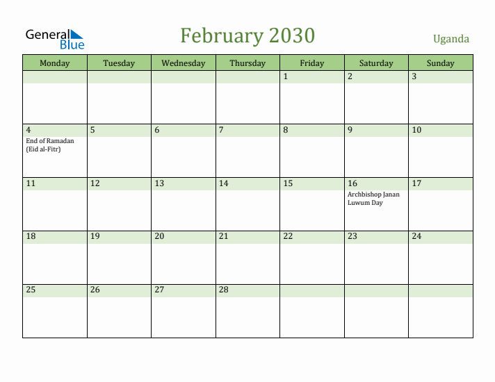 February 2030 Calendar with Uganda Holidays