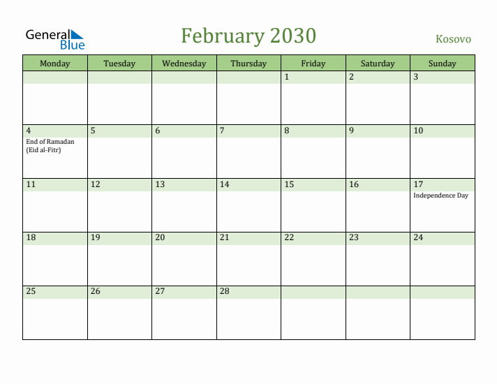 February 2030 Calendar with Kosovo Holidays
