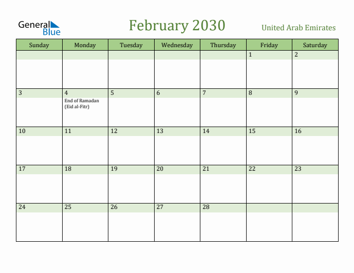February 2030 Calendar with United Arab Emirates Holidays