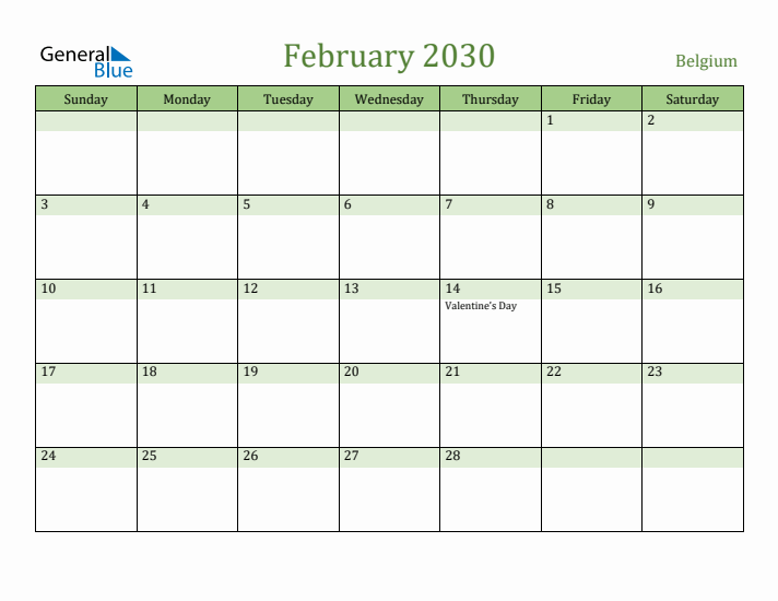 February 2030 Calendar with Belgium Holidays