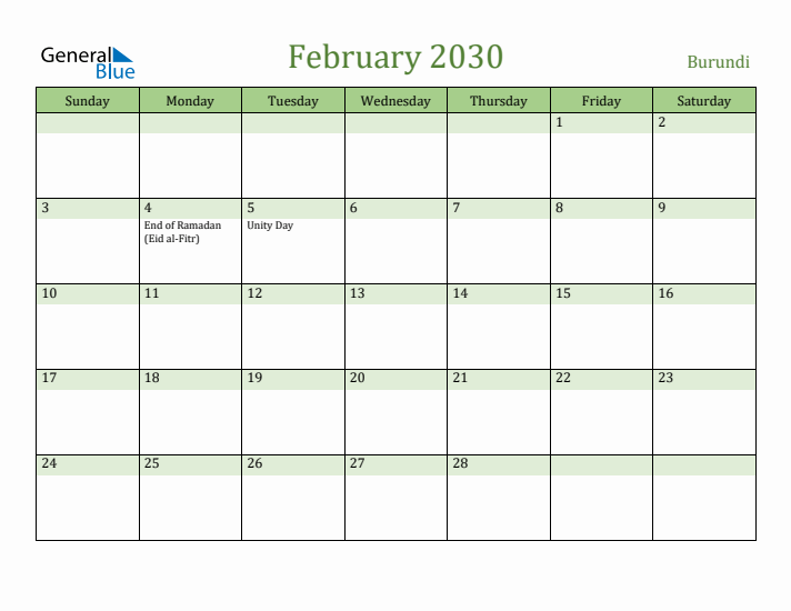 February 2030 Calendar with Burundi Holidays