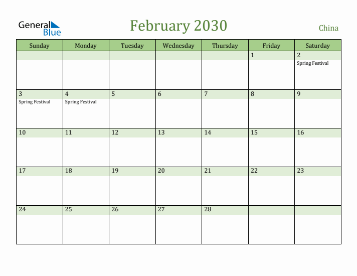 February 2030 Calendar with China Holidays