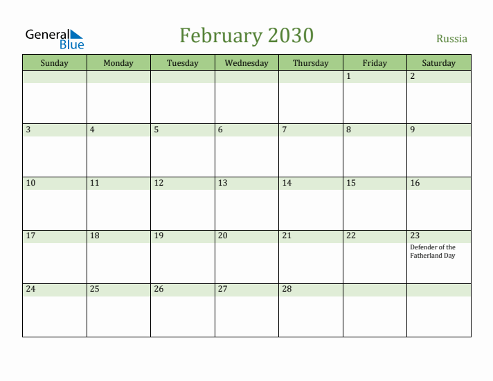 February 2030 Calendar with Russia Holidays