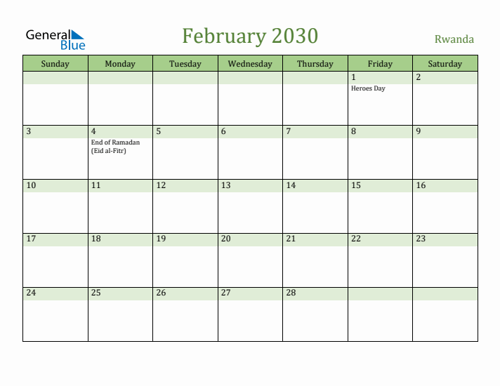 February 2030 Calendar with Rwanda Holidays