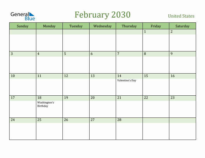 February 2030 Calendar with United States Holidays
