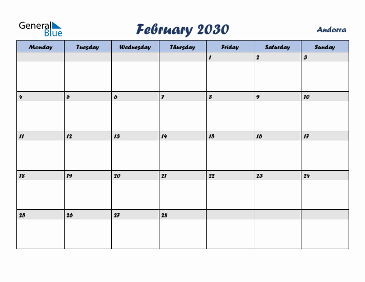 February 2030 Calendar with Holidays in Andorra