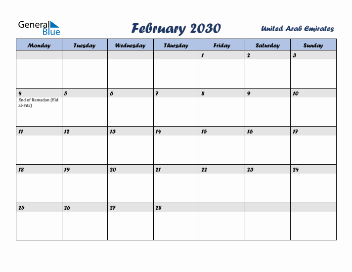 February 2030 Calendar with Holidays in United Arab Emirates