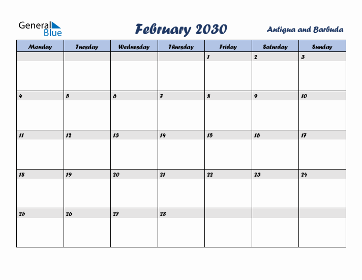 February 2030 Calendar with Holidays in Antigua and Barbuda
