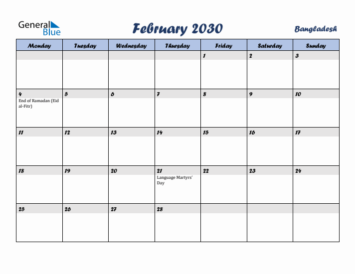 February 2030 Calendar with Holidays in Bangladesh