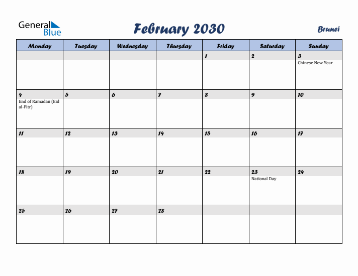 February 2030 Calendar with Holidays in Brunei