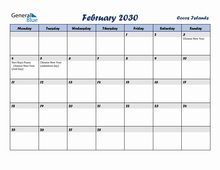 February 2030 Calendar with Holidays in Cocos Islands