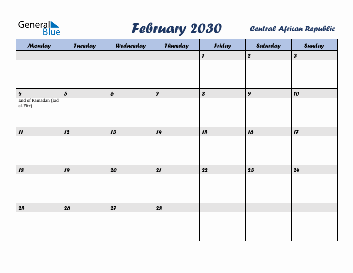 February 2030 Calendar with Holidays in Central African Republic