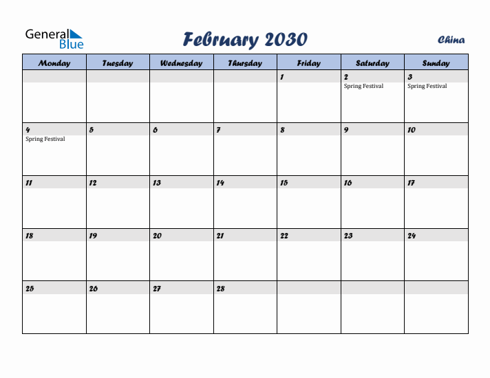 February 2030 Calendar with Holidays in China
