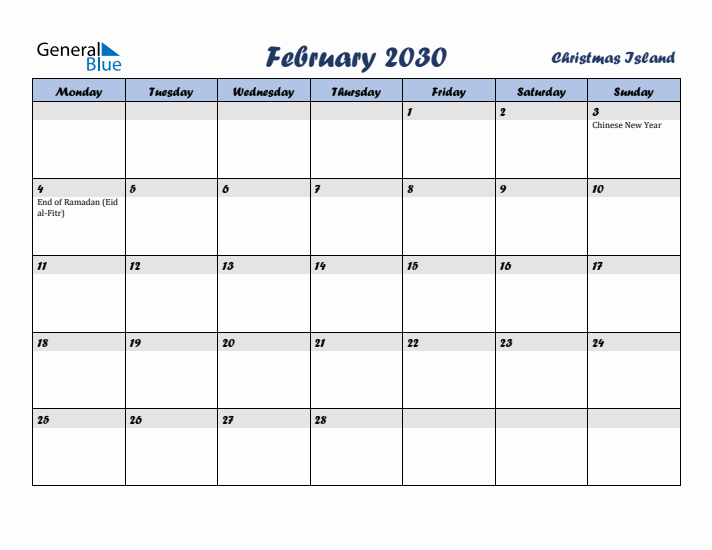 February 2030 Calendar with Holidays in Christmas Island