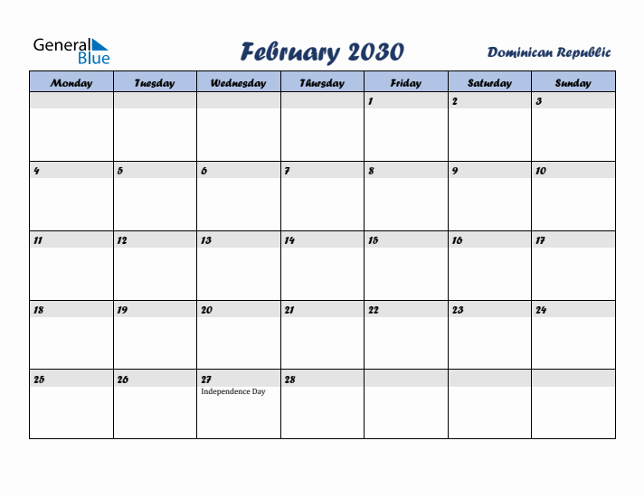 February 2030 Calendar with Holidays in Dominican Republic