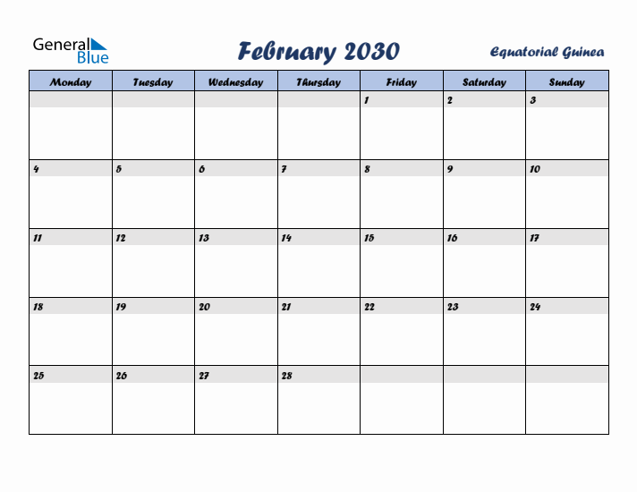 February 2030 Calendar with Holidays in Equatorial Guinea