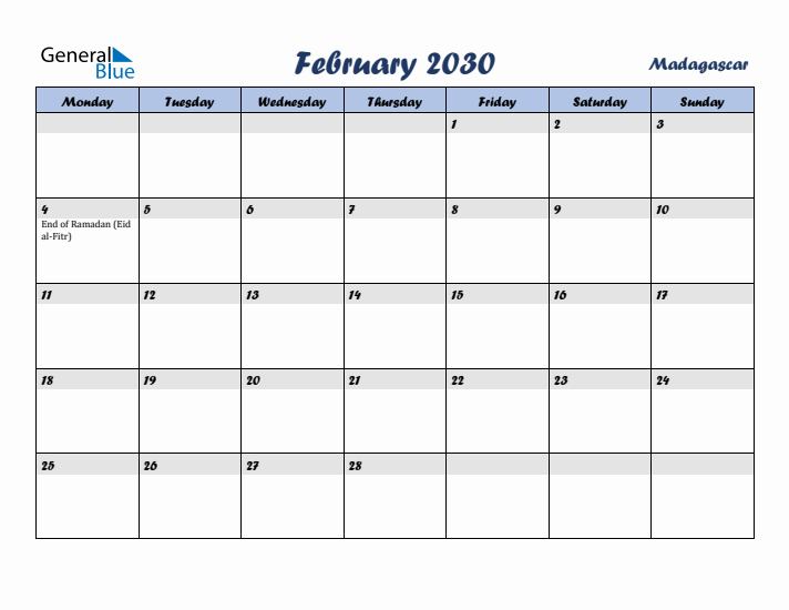 February 2030 Calendar with Holidays in Madagascar
