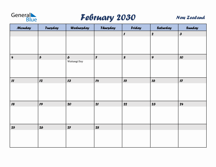 February 2030 Calendar with Holidays in New Zealand