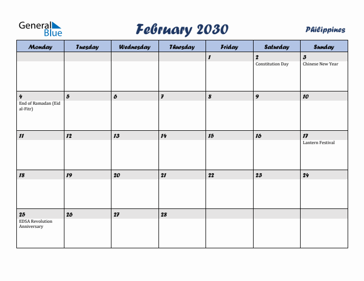 February 2030 Calendar with Holidays in Philippines