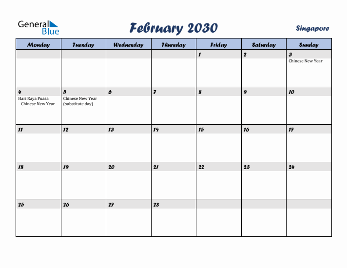 February 2030 Calendar with Holidays in Singapore