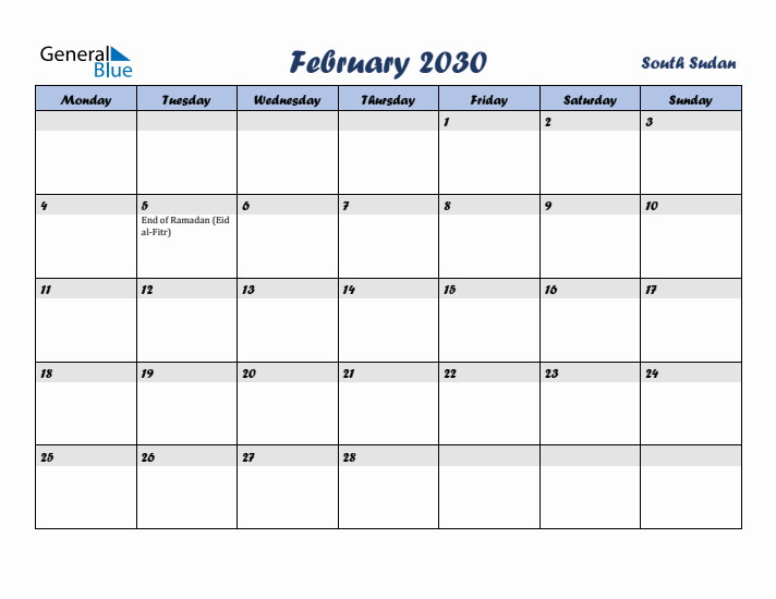 February 2030 Calendar with Holidays in South Sudan