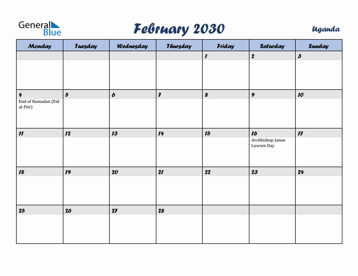 February 2030 Calendar with Holidays in Uganda