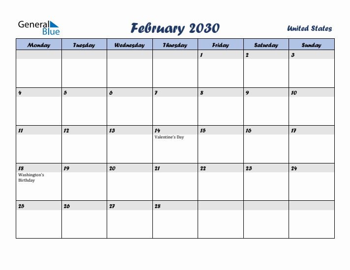 February 2030 Calendar with Holidays in United States