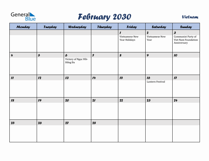 February 2030 Calendar with Holidays in Vietnam