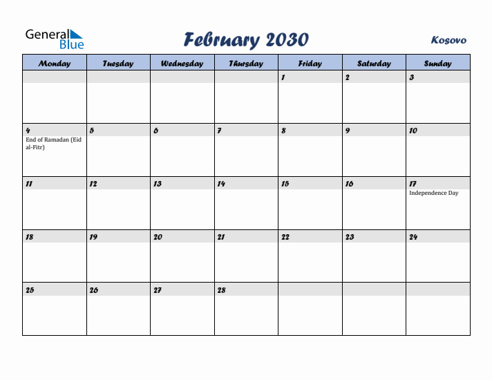February 2030 Calendar with Holidays in Kosovo