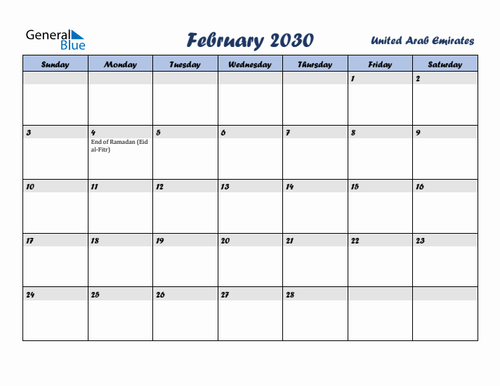 February 2030 Calendar with Holidays in United Arab Emirates