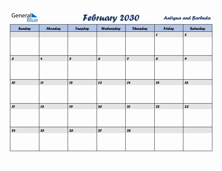 February 2030 Calendar with Holidays in Antigua and Barbuda
