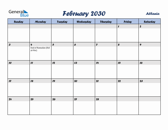 February 2030 Calendar with Holidays in Albania